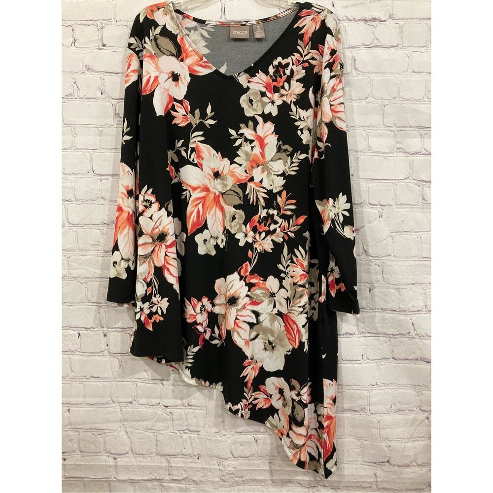 Chicos Womens Size XL Tunic Top Black Floral Print Asymmetrical Hem Flowy